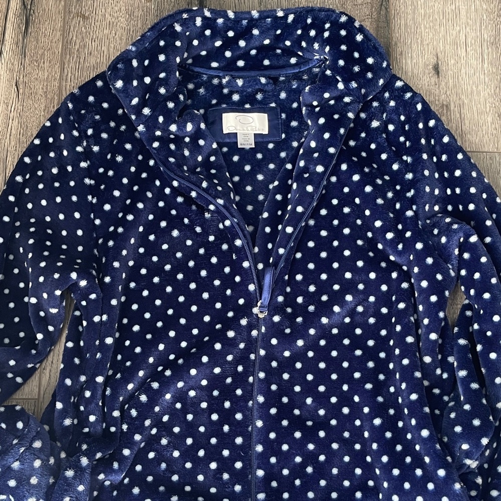 Oscar de la Renta Navy Polka Dot Robe - Picture 2 of 6